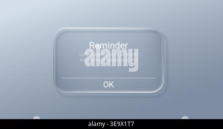 3D glass phone notification interface with reminder popup window. Modern mobile app alert message frame with transparent button elements and digital Stock Vector