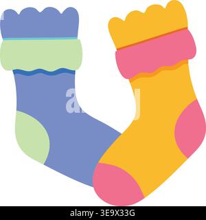 Cute illustration of two colorful cozy socks with contrasting cuffs heels and toes. Stock Vector