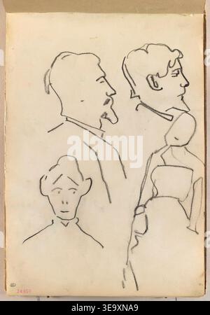 Paul Gauguin (1848–1903) was a French Post-Impressionist artist known for his vibrant depictions of human figures. This archival image presents 'Quatre croquis d'homme et de femme,' a series of four sketches capturing the human form in a raw, expressive manner. Stock Photo
