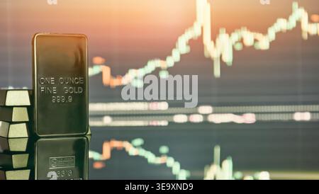Close-up of a fine gold bar on a dark background with a blurred financial stock market chart. Stock Photo