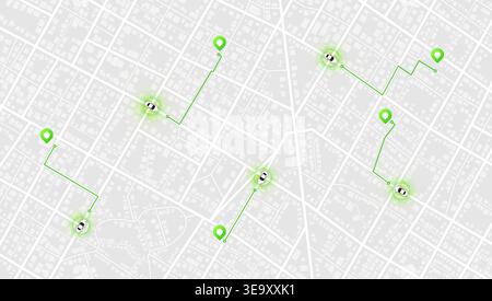 GPS navigation routes with multiple location markers on city map. Abstract urban paths, and destination highlighted POIs. Detailed vector illustration Stock Vector
