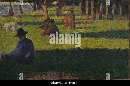 Georges Seurat (1859–1891) was a French post-impressionist painter and pioneer of pointillism. The archival photographic record documents his study of the white dog in the 1884–1885 painting *La Grande Jatte*, exhibited in the Rosengart Collection in Lucerne. Stock Photo
