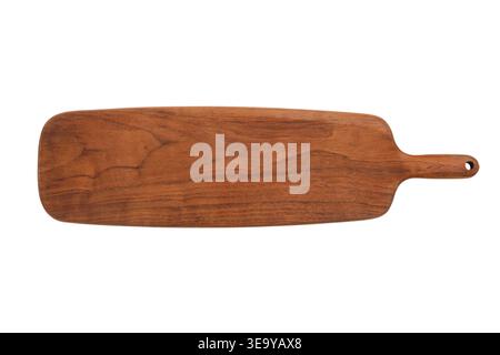 Wooden serving board isolated on white background. Rectangular kitchen tray for food presentation and restaurant catering. Natural timber cutting tabl Stock Photo