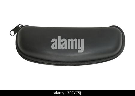 Black glasses case on plain white background. Protective hard shell holder for eyeglasses or sunglasses. Accessory for optical storage and eyewear saf Stock Photo