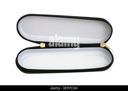 Open empty black pencil case on white background. Zippered school supply container for stationery storage. Portable rectangular accessory holder case Stock Photo