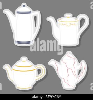 Illustration on theme set symbols for ceramic kettle with lid for tea, logo ceramic kettle for tea consisting of flat design with colored elements, mo Stock Vector