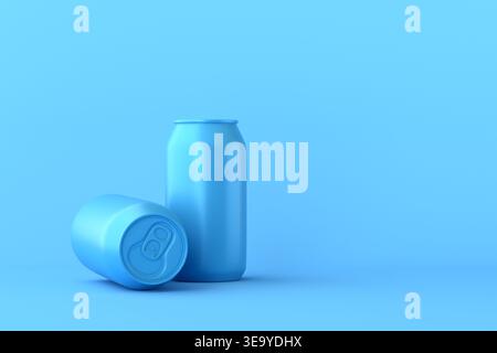 Blue soda cans in minimalist studio composition with copy space for branding and product design on a smooth monochrome background Stock Photo