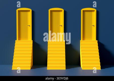 Three yellow doors on top of a flight of stairs on a dark blue background, representing opportunity, decision, and future choices Stock Photo