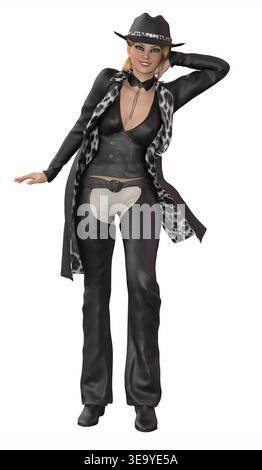 3D rendered woman poses confidently in a black leather outfit, leopard print coat, and cowboy hat. Ideal for fashion, character design, or edgy lifest Stock Photo
