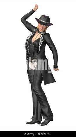 3D rendered woman poses confidently in a black leather outfit, leopard print coat, and cowboy hat. Ideal for fashion, character design, or edgy lifest Stock Photo