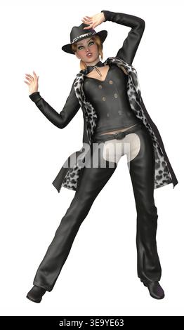 3D rendered woman poses confidently in a black leather outfit, leopard print coat, and cowboy hat. Ideal for fashion, character design, or edgy lifest Stock Photo