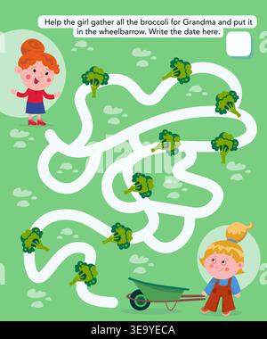 Kids educational vector maze puzzle featuring garden path with broccoli and cute characters. Interactive game goal is gathering vegetables for Stock Vector