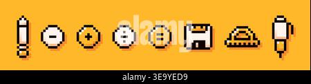 Back to School pixel art yellow elements. Pen, pencil, floppy disk, mathematical symbols, ruler simple details. Stock Vector