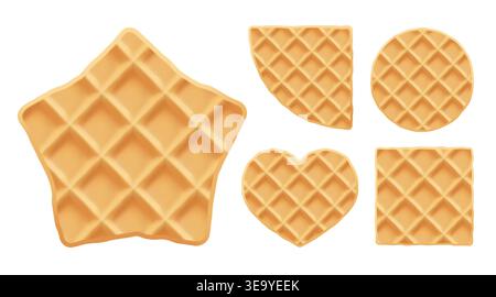 Wafer beige biscuit and creamy star cake, sweet crispy waffel. Waffle texture pattern and icecream cone cookie, 3d vector illustration. Round belgian Stock Vector