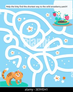Kids educational vector maze puzzle featuring cute ginger cat finding shortest path to wild strawberry patch. Colorful labyrinth game in cartoon style Stock Vector