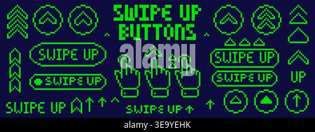 Pixel art swipe up green buttons and elements. Stock Vector
