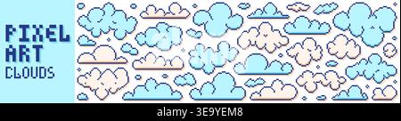 Collection with pixel art white and blue sky clouds. Stock Vector