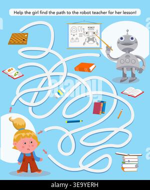 Kids educational vector maze puzzle featuring girl finding path to robot teacher in classroom. Colorful labyrinth game in cartoon style perfect for Stock Vector