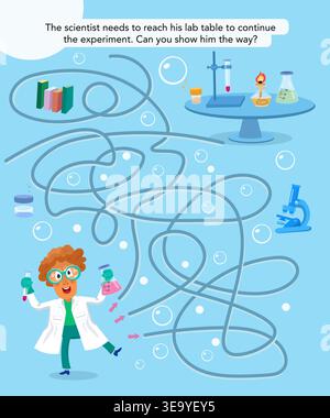 Kids educational vector maze puzzle featuring scientist finding path to lab table for experiment. Colorful labyrinth game in cartoon style perfect for Stock Vector