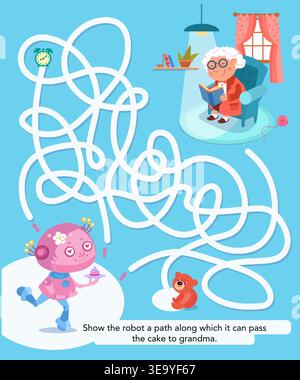 Kids educational vector maze puzzle featuring pink robot finding path to grandma with cake. Colorful cartoon labyrinth game perfect for preschool Stock Vector
