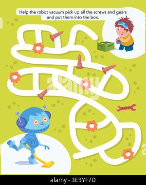 Kids educational vector maze puzzle featuring robot vacuum picking up screws and gears for boy. Colorful cartoon labyrinth game perfect for preschool Stock Vector