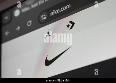 18 April 2026 - Tashkent, Uzbekistan: Close up view of Nike website on digital screen showing logo and browser interface elements. Stock Photo
