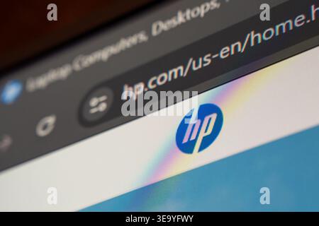 18 April 2026 - Tashkent, Uzbekistan: Close up view of HP website on digital screen showing logo and interface elements. Stock Photo