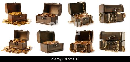 Set of old chests with pirate treasures on white background Stock Photo