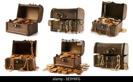 Set of old chests with pirate treasures on white background Stock Photo