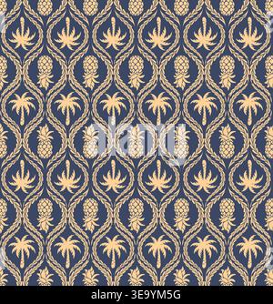 A seamless vector pattern with alternating rows of pineapples and palm trees within interlocking ogee frames. Classic damask style in navy blue and go Stock Vector
