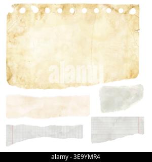 Torn paper, torn pages of a notebook or school notebooks, pens and paper clips. Watercolor illustration. A set of torn pieces of paper with crumpled a Stock Photo