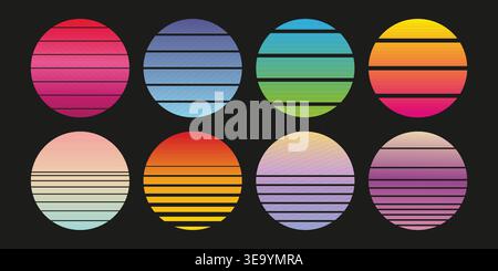 Beautiful color retro sunset art collection. Set of round striped shapes. Stock Vector