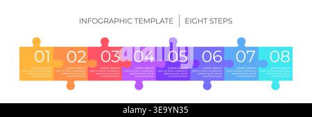 8 steps infographic template. Puzzle style timeline concept of eight dependent components or parts of business project. Stock Vector