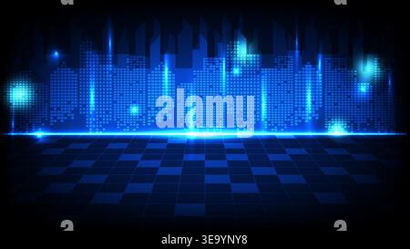Abstract high tech background featuring a futuristic blue pixelated city skyline and data network concept Stock Vector