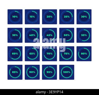 Circular progress with percentage increments neon dashboard UI element set Stock Vector