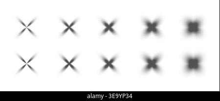 Halftone dots star set. Dotted grain starburst collection. Noise texture stippled sparkles Stock Vector