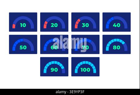 Semi circular gauge progress neon dashboard UI element set Stock Vector