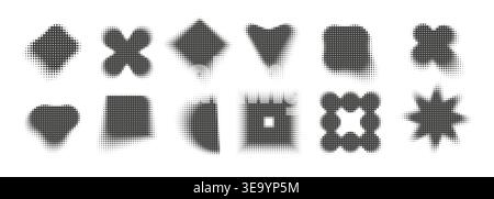 Abstract dotwork trendy shapes collection. Halftone pixel dotted style retro brutalist elements set. Stock Vector