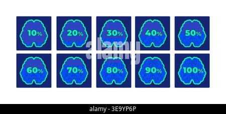 Brain progress increasing percentage neon dashboard UI element set Stock Vector