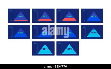 Triangle area charts progress neon dashboard UI element set Stock Vector
