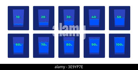 Water fill percent progress glass neon dashboard UI element set Stock Vector