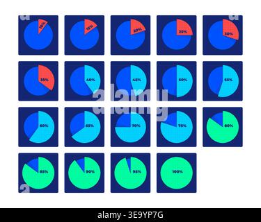 Segmented piechart percentage progress neon dashboard UI element set Stock Vector