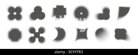Abstract dotwork trendy shapes collection. Halftone pixel dotted style retro brutalist elements set. Stock Vector