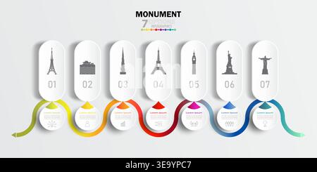 Travel landmark infographic world monument template. Modern infographic skyline template design with monuments icons. Travel landmarks world with 7 op Stock Vector