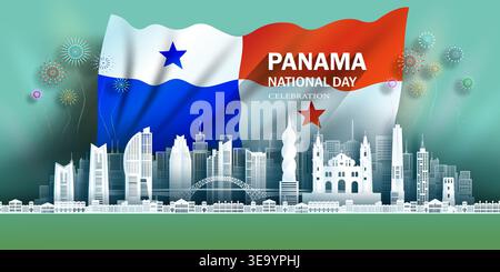Anniversary celebration independence Panama day and travel landmarks Panama city with flag background, Tour america landmark with panorama view popula Stock Vector
