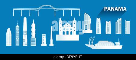 Travel landmarks Panama with isolated silhouette architecture on blue background, Panama architecture icon and symbol with tour america landmark to sh Stock Vector