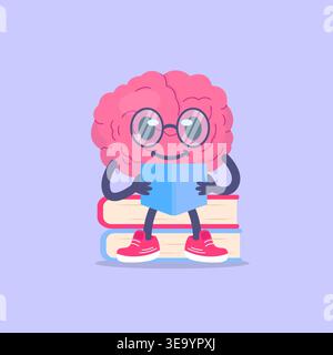 Cute Brain Character Reading Book Illustration Stock Vector