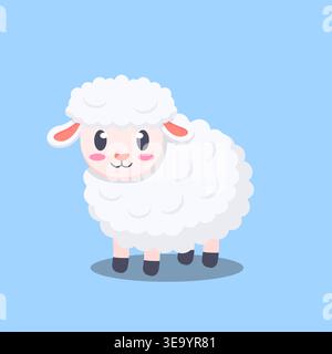 Cute Cartoon Sheep Flat Vector Illustration on Blue Background Stock Vector