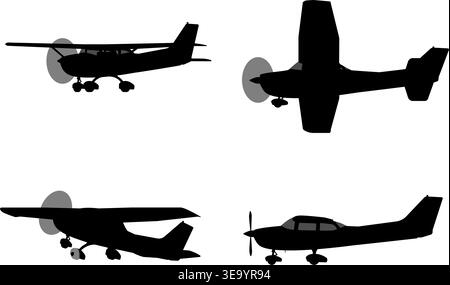 Aircraft Silhouette Collection for Design and Flight Illustration Four black silhouettes of a light propeller plane shown from different angles and pe Stock Vector