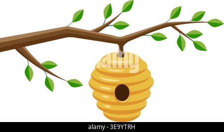 Cartoon beehive hanging on branch Stock Vector